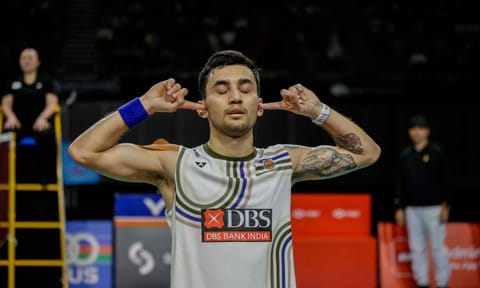 Lakshya Sen gestures with a ‘hands over ears’ celebration after his title win, symbolically shutting out the doubters&nbsp;