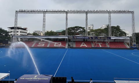 Pitch being watered at the Chennai Hockey stadium&nbsp;&nbsp;
