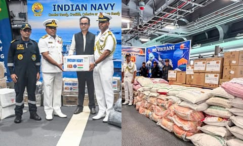 In this image posted on Nov. 28, 2025, Indian Navy officers during handing over of a consignment of Indian humanitarian aid to cyclone-hit Sri Lanka as part of 'Operation Sagar Bandhu', in Colombo. (PTI)&nbsp;