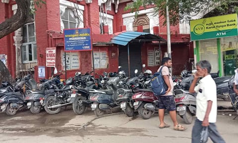 Two-wheelers illegally parked on Gandhi Irwin Road outside the southern entrance of Egmore railway station
