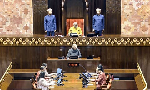 Rajya Sabha Chairman CP Radhakrishnan conducts the proceedings in the House during the Winter Session of Parliament, in New Delhi, Wednesday, Dec. 3, 2025 (PTI)&nbsp;