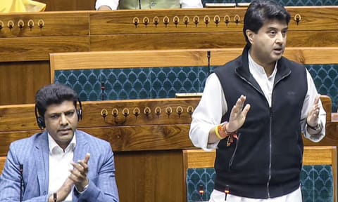 Union Minister Jyotiraditya Scindia speaks during the Winter Session of Parliament, in New Delhi, Wednesday, Dec. 3, 2025 (PTI)&nbsp;