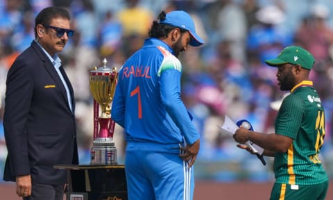 India's captain KL Rahul, center, and South Africa's captain Temba Bavuma, right, during the toss before the second ODI cricket match of a series between India and South Africa, at Shaheed Veer Narayan Singh International Stadium, in Raipur, Chhattisgarh, Wednesday, Dec. 3, 2025 (PTI)&nbsp;