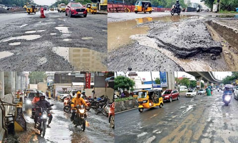 Craters and potholes replace arterial roads of Anna Salai in Nandanam, Arcot Road, Jawaharlal Nehru Salai and Sardar Patel Road near Madhya Kailash in Adyar, after the heavy rains of the past three days caused by the weakened system of Cyclone Ditwah (Photo: Justin George)&nbsp;