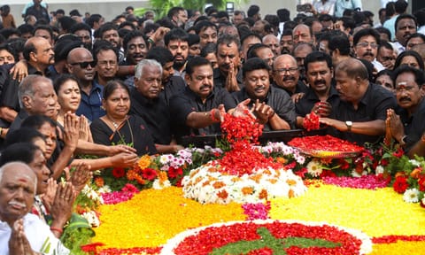 AIADMK general secretary Edappadi K. Palaniswami, along with party members, paid floral tributes to former Chief Minister Jayalalithaa at her memorial on her ninth death anniversary. (Hemanathan M)&nbsp;