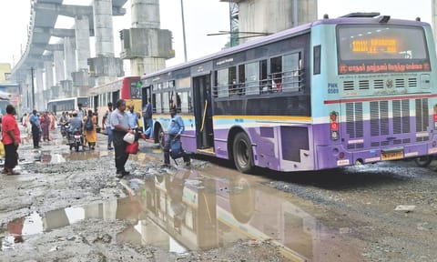 Pothole-riddled Mount Poonamallee High Road on Friday