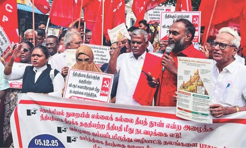 CPM state secretary P Shanmugham leading a demonstration outside the Madras High Court on Friday