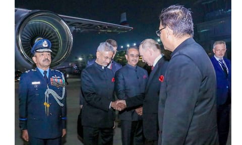Union External Affairs Minister S Jaishankar greets Russian President Vladimir Putin as the latter prepares to depart from New Delhi (PTI)&nbsp;