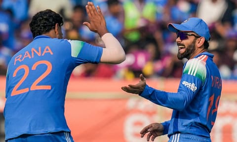 India's Virat Kohli and Harshit Rana interact during the third ODI cricket match of a series between India and South Africa, at ACA-VDCA Cricket Stadium, in Visakhapatnam, Andhra Pradesh, Saturday, Dec. 6, 2025 (PTI)&nbsp;