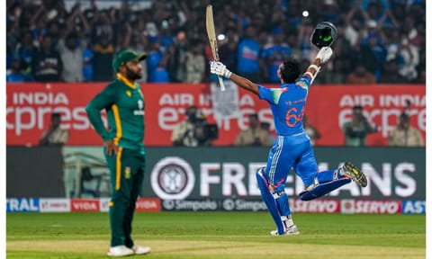 India's Yashasvi Jaiswal celebrates his century during the third ODI cricket match of a series between India and South Africa, at ACA-VDCA Cricket Stadium, in Visakhapatnam, Andhra Pradesh, Saturday, Dec. 6, 2025 (PTI)&nbsp;