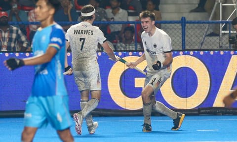 Ben Hasbach celebrates with Justus Warweg after scoring the fifth goal for Germany (Photo: Manvasagan N)&nbsp;