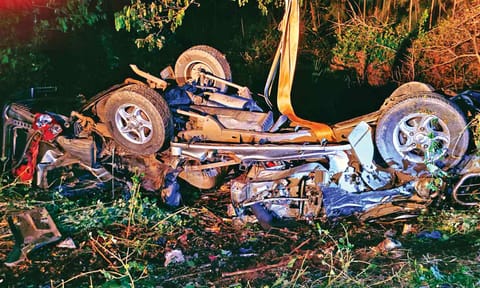 Mangled remains of SUV involved in the mishap on Sunday&nbsp;