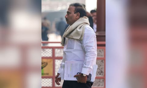 DMK MP A Raja during the Winter session of Parliament, in New Delhi, Monday, Dec. 8, 2025. (PTI)&nbsp;