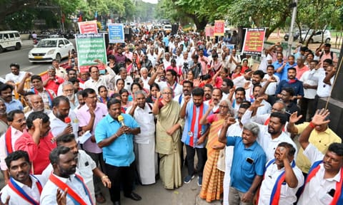 Left, TVK workers at a protest in Chennai on Monday