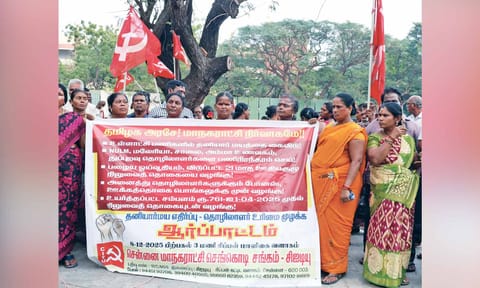 Contract and temporary workers staged a protest at Panagal Maaligai on Monday