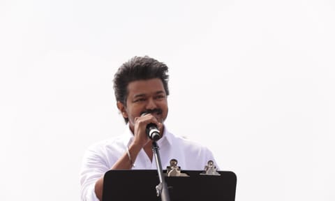 TVK Chief Vijay addressing the crowd at Puducherry on Tuesday&nbsp;