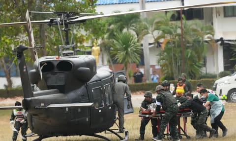 A wounded Thai soldier is carried to be transferred to a hospital in Surin province, Thailand, on Wednesday, Dec. 10, 2025, following clashes between Thai and Cambodian soldiers. (AP)