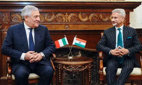 External Affairs Minister S. Jaishankar meets Italy's Deputy Prime Minister and Foreign Minister Antonio Tajani to review progress under the political, defence, tech and innovation, maritime, mobility, space, trade and investment pillars of the Joint Strategic Action Plan 2025-29, in New Delhi. (PTI)&nbsp;