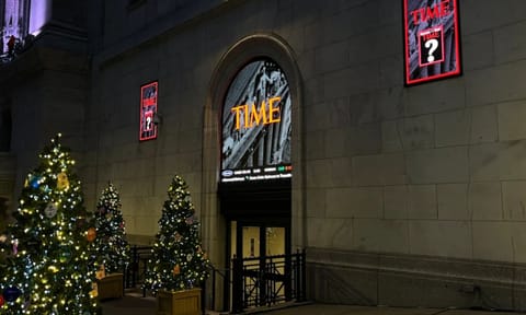 A sign for Time magazine is displayed outside the New York Stock Exchange on Thursday, Dec. 11, 2025 in New York. (AP)&nbsp;