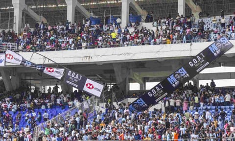 Fans of Argentine footballer Lionel Messi amid chaos during an event as part of his 'G.O.A.T. India Tour 2025', at Vivekananda Yuba Bharati Krirangan (VYBK), in Kolkata, Saturday, Dec. 13, 2025 (PTI)&nbsp;