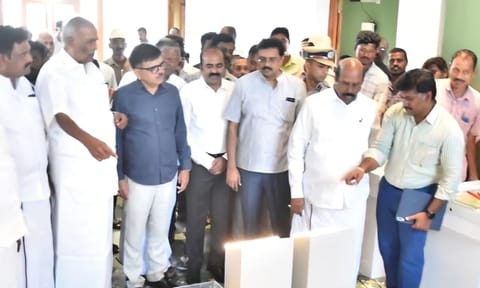 Public Works Department Minister EV Velu inspecting the museum at Tirunelveli on Monday