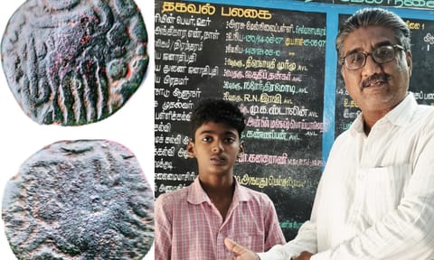 Headmaster Ahamed Faisal appreciates the student, who found the Eelam coin near  Mudukulathur in Ramanathapuram district (R)