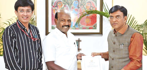 (L-R) Health Secretary J Radhakrishnan, Health Minister Ma Subramanian met Union Health Minister Mansukh Mandaviya in New Delhi