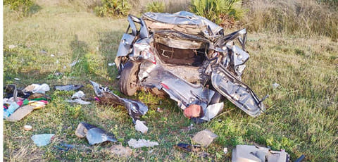 Mangled remains of car in Perambalur on Monday