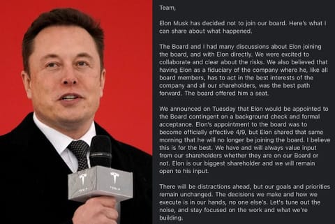 CEO of Tesla Elon Musk (left) and note shared by Parag Agrawal on Twitter