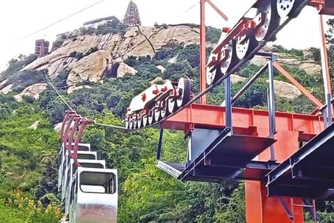 The gondalas of rope car service kept ready for trial run at Sri Lakshminarasimha Swamy Temple in Sholingur