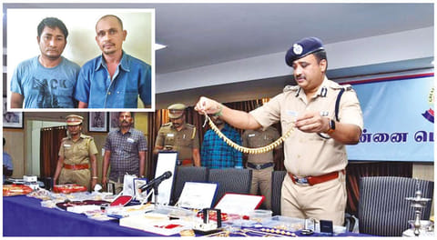 Additional Commissioner (South) N Kannan with the recovered jewellery and other articles; (inset) accused Ravi and Krishna