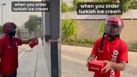 Zomata delivery guy giving the order to the customer in Turkish manner