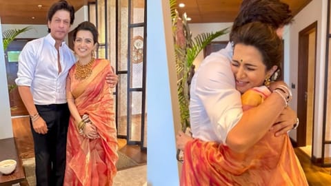 SRK and DD posing for a pic; DD getting a hug from the 'Badshah of Bollywood'