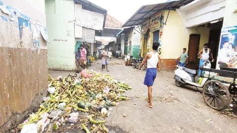 Vegetable waste strewn everywhere inside the market