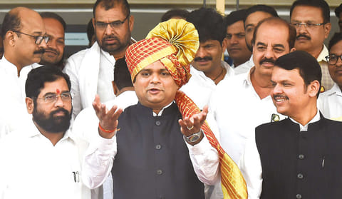 Newly-elected Maharashtra Assembly Speaker Rahul Narvekar with CM Eknath Shinde and Deputy CM Devendra Fadnavis after the special session of the Assembly on Sunday