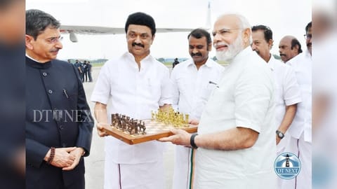 CM Stalin gifts a Chess board to PM 
Modi before he left Chennai.