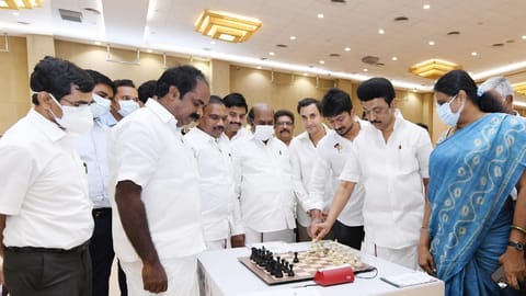 CM MK Stalin with Minister Siva V Meyyanathan held a review meeting in a private hotel in Mahabalipuram, where the 44th Chess Olympiad will be held.