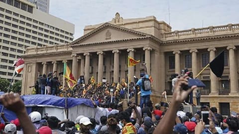 Demonstrators protest inside the Presidential Secretariat premises, after President Gotabaya Rajapaksa fled, amid the country's economic crisis