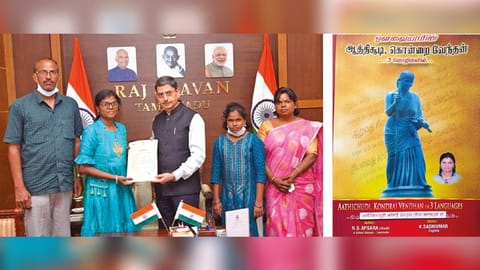 Governor RN Ravi appreciating NS Apsara in person for her translations at Raj Bhavan; (right) Apsara?s book cover