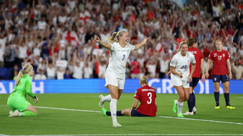 England's Beth Mead celebrates scoring their eighth goal