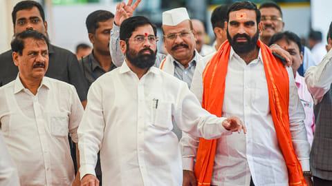 Maharashtra CM Eknath Shinde with rebel Shiv Sena MLAs during the Special session of Maharashtra Assembly, at Vidhan Bhavan