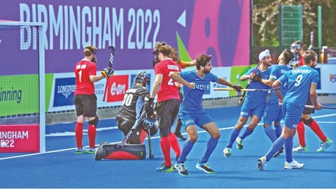 India players celebrate a goal