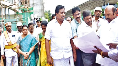PWD Minister EV Velu inspecting the ongoing works at Kalaignar memorial library building in Madurai on Wednesday