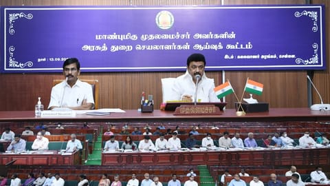 Stalin in a review meeting at Kalaivanar Arangam on Tuesday