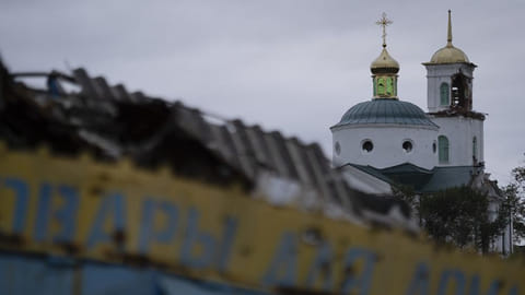 A damaged church is seen in the freed village of Hrakove
