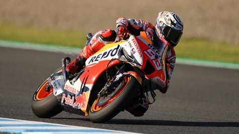 Honda riders Marc Marquez in action in Motegi