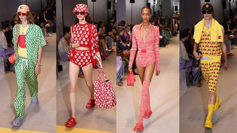 Models wearing a creation as part of the Benetton women's Spring Summer 2023 collection presented in Milan, Italy, Sunday,