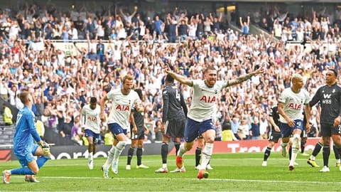 Tottenham Hotspur?s Pierre-Emile Hojbjerg celebrates after scoring a goal