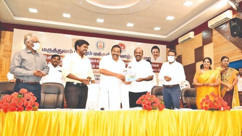 Health Minister Ma Subramanian and Local Administration Minister KN Nehru at a state level meeting with block level medical officers in Tiruchy on Wednesday.