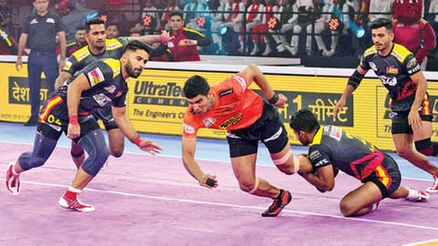 Action from the Bengaluru Bulls-U Mumba Pro Kabaddi League contest on Saturday